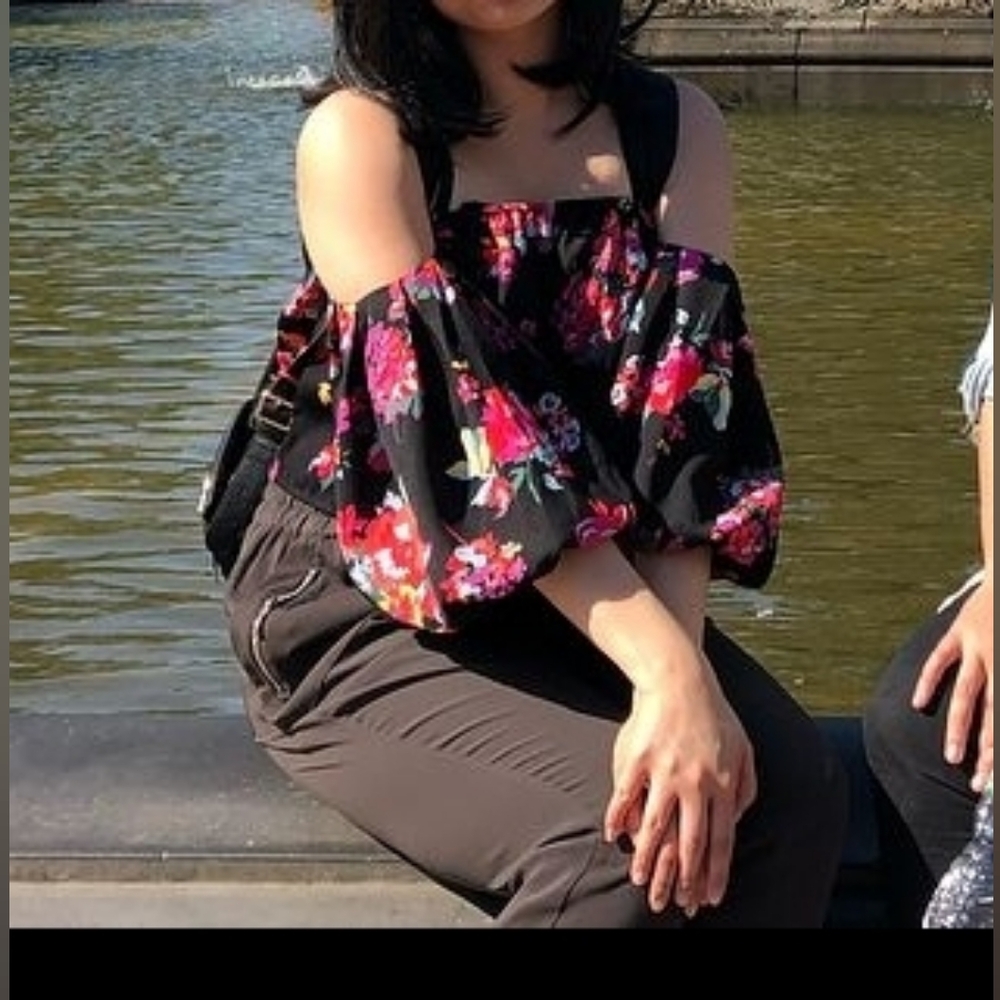 Lush | Cropped Black Floral Off-Shoulder Top